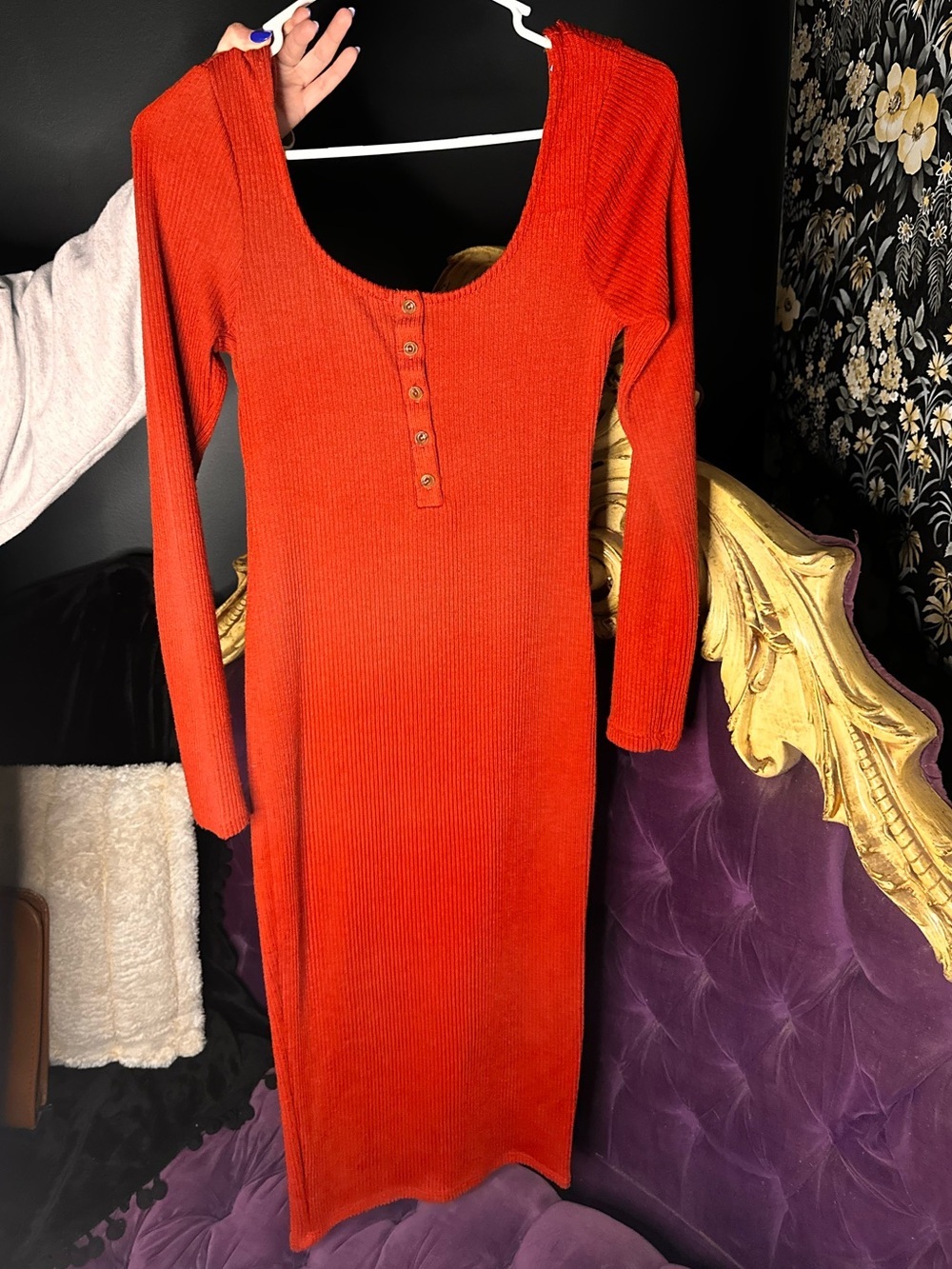 Fashion Nova Ribbed Long-Sleeve Scoop Neck Dress - Red-Orange